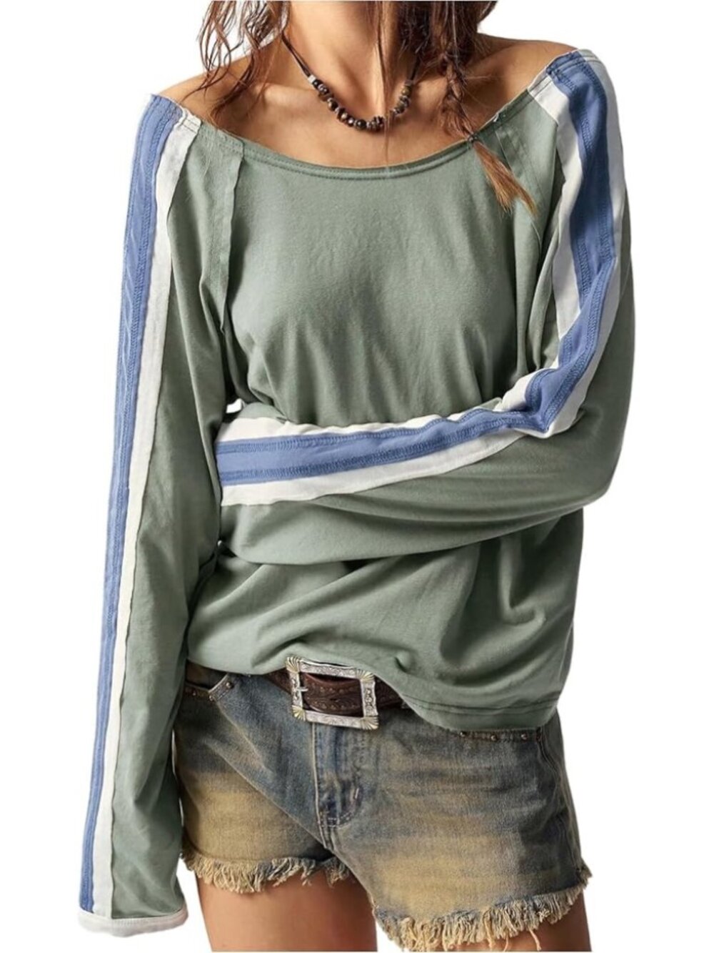 RoseSeek Sz L Oversized Olive Raw Hem Boat Neck Long Sleeves Pullover Blouse